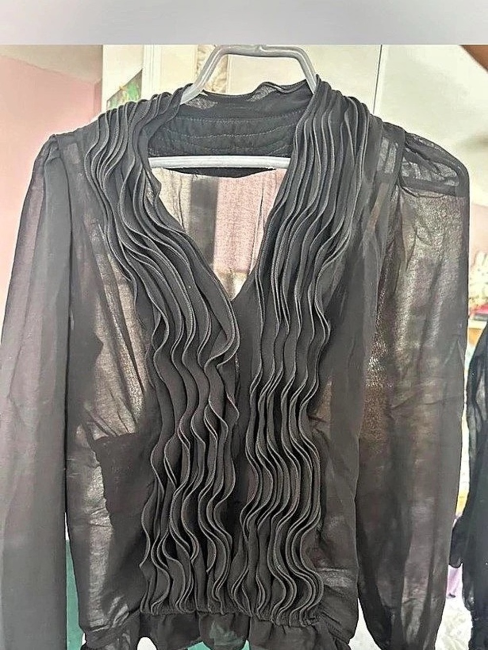 Smocked Waist Chiffon Blouse Black